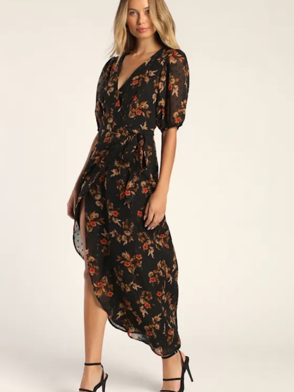 Lulu's Black Floral Wrap Maxi Dress with Autumn Blooms - Picture 3 of 8